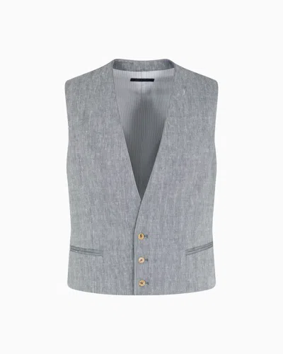 Giorgio Armani Single-breasted Waistcoat In Chevron Linen And Virgin Wool In Gray