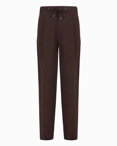 Giorgio Armani Single-dart, Pure Linen Canvas Trousers In Brown