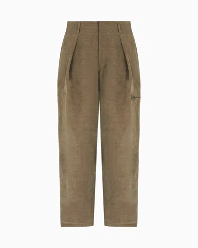Giorgio Armani Single-pleat Trousers In Linen And Lyocell In Brown