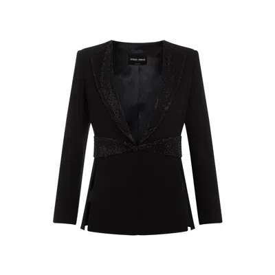 Giorgio Armani Sleek Embroidered Jacket In Luxurious Silk In Black