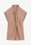 Giorgio Armani Draped Silk Sleeveless Shirt With High Neck In Brown