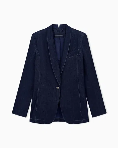 Giorgio Armani Slim Blazer With Shawl Lapels In Cotton And Wool Denim In Blue