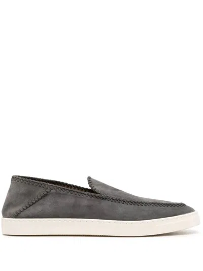 Giorgio Armani Slim-fit Grey Calf Leather Sneakers In Gray