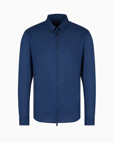 Giorgio Armani Slim-fit Micro-armure Cotton Jersey Zip-up Shirt In Blue