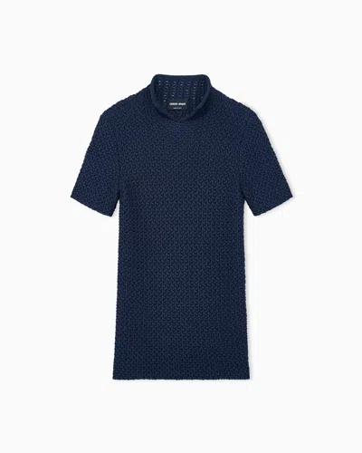 Giorgio Armani Slim Fit Short Sleeve Viscose Sweater With Honeycomb Effect In Blue