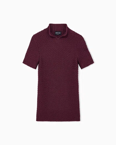 Giorgio Armani Slim Fit Short Sleeve Viscose Sweater With Honeycomb Effect In Burgundy