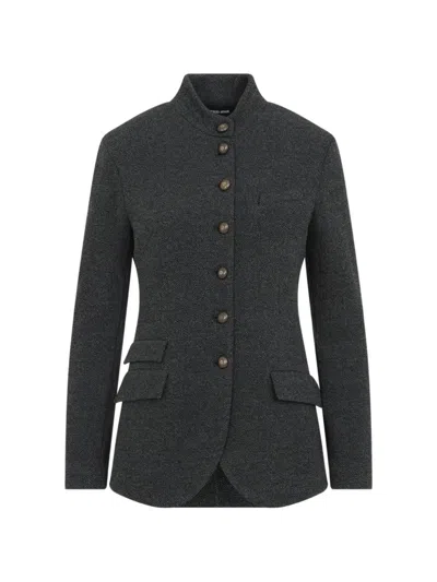 Giorgio Armani Tailored Blazer Stand Collar Herringbone Pockets In Black