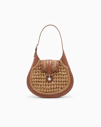 Giorgio Armani Small Hobo Bag In Olive-stitch Raffia And Smooth Leather In Neutral