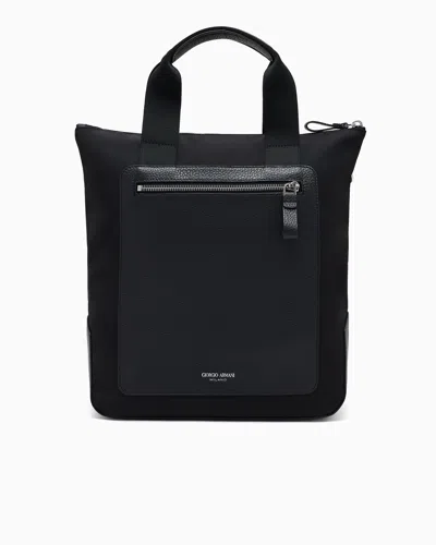Giorgio Armani Small Shopper Bag In Recycled Nylon And Pebbled Leather In Black