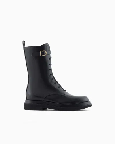 Giorgio Armani Smooth Leather Combat Boots In Black