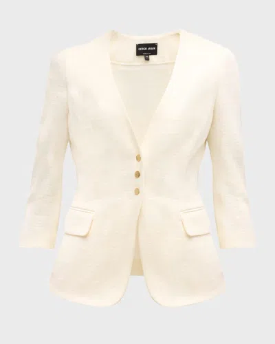 Giorgio Armani Snap Button Three-quarter-sleeve Viscose Blazer In Solid White