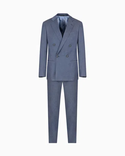 Giorgio Armani Soho Line Double-breasted Denim-effect Cashmere And Stretch Cotton Suit In Blue