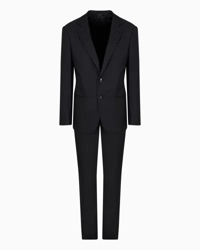 Giorgio Armani Official Store Soho Line Single-breasted Suit In Pinpoint-effect Virgin-wool Serge In Blue