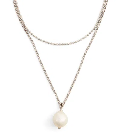 Giorgio Armani Sterling Silver And Pearl Chain Necklace In Grey