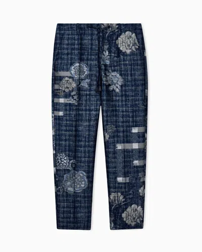 Giorgio Armani Straight Leg Trousers In Floral Jacquard With A Drawstring In Blue