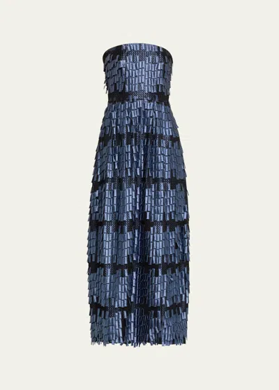 Giorgio Armani Strapless Geometric Fringe Effect Gown In Dark Blue