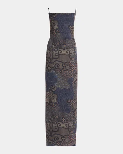 Giorgio Armani Strapless Tile-print Silk Gown In Blue
