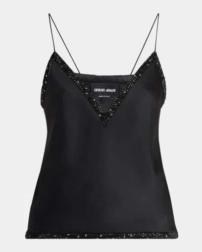 Giorgio Armani Strass Embellished V-neck Silk Cami In Solid Black
