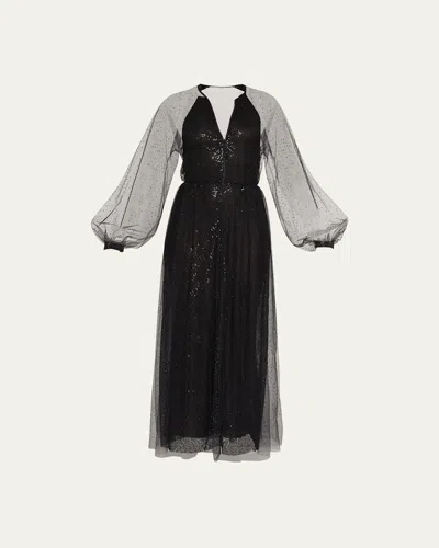 Giorgio Armani Strass Tulle-overlay Sequin Silk Gown In Solid Black