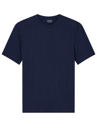 Giorgio Armani Stretch Viscose And Cashmere Blend Crew Neck T-shirt Asv Clothing In Navy Blue