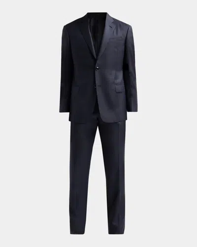 Giorgio Armani Striped Herringbone Wool Single-breasted Suit In Blue