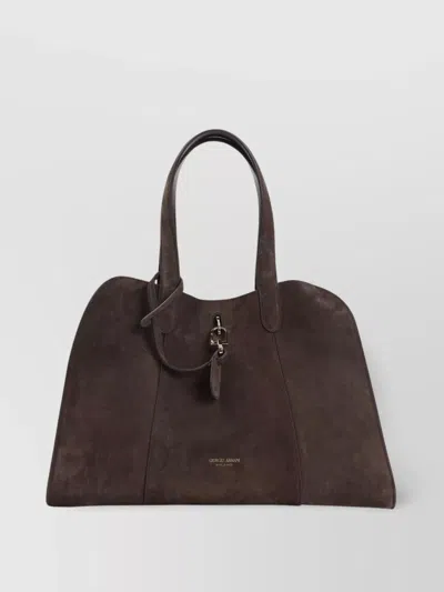 Giorgio Armani Suede Calf Leather Handbag Expandable Design In Brown