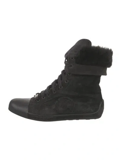 Pre-owned Giorgio Armani Suede Embroidered Accent Combat Boots In Black