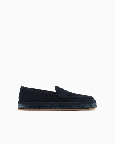 Giorgio Armani Suede Loafers With A Rope Sole In Blue