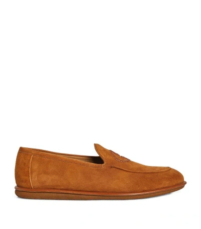 Giorgio Armani Suede Logo Loafers In Brown