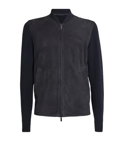 Giorgio Armani Suede Virgin Wool-sleeve Bomber Jacket In Blue