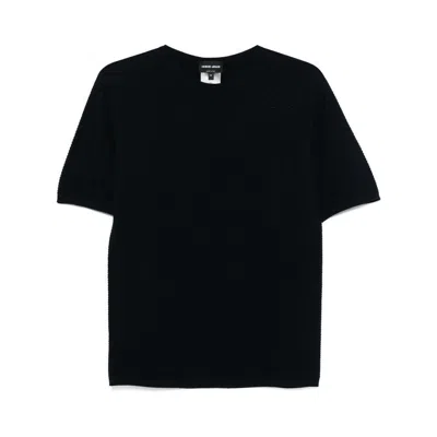 Giorgio Armani Mens Blue Navy Script Logo-embroidered Cotton-jersey T-shirt In Black