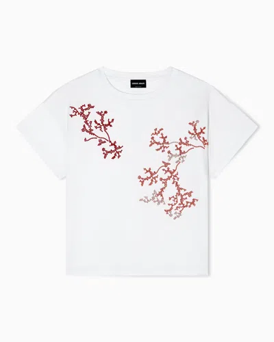 Giorgio Armani Bead-embellished Coral-motif T-shirt In White