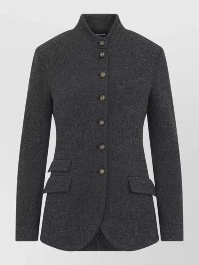 Giorgio Armani Tailored Blazer Stand Collar Herringbone Pockets In Black