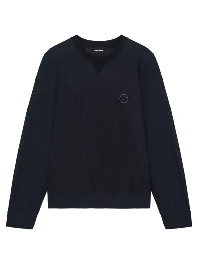 Giorgio Armani Waffle Knit Sweatshirt Long Sleeves V Neckline In Blue