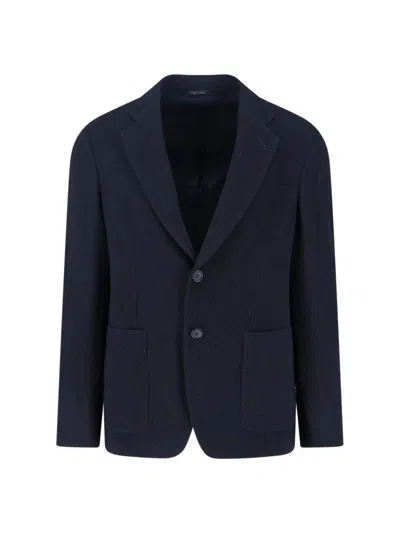GIORGIO ARMANI TEXTURED NAVY BLAZER WITH CLASSIC LAPEL AND TAILORED SILHOUETTE