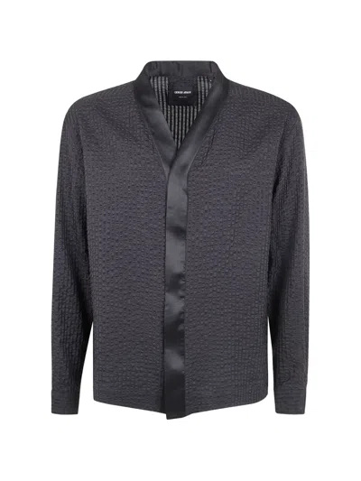 Giorgio Armani Shirt Jacket Textured Fabric Satin Lapel In Black