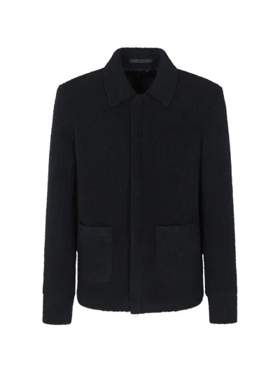 Giorgio Armani Textured Zip-up Single Breasted Coat In Blue
