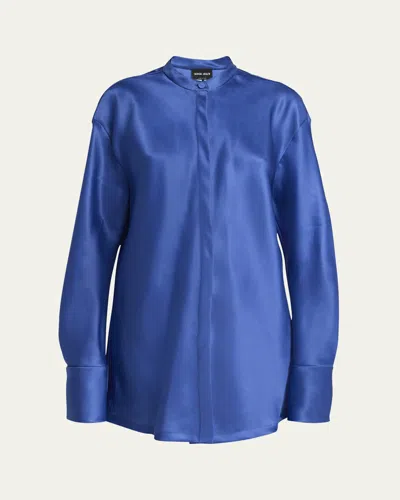 Giorgio Armani Triple Silk Button-down Blouse In Solid Dark Blue