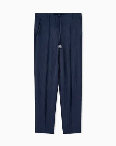 Giorgio Armani Trousers In Textured Viscose And Wool With Drawstring In Blue