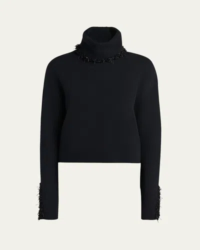 Giorgio Armani Turtleneck Beaded Wool-cashmere Sweater In Solid Black