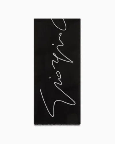 Giorgio Armani Two-tone Wool And Silk Scarf With Signature Logo In Black