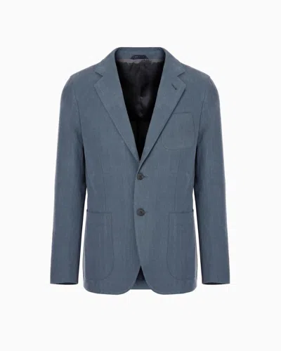 Giorgio Armani Upton Line Single-breasted Jacket In Linen Canvas In Blue