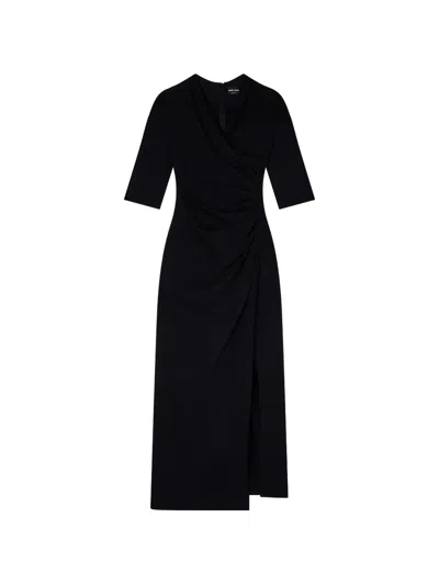 Giorgio Armani Elbow-sleeve Draped Crepe Slit Midi Dress In Black