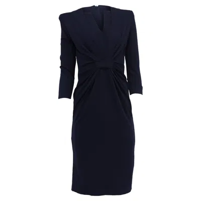 Giorgio Armani V-neck Gathered Tab Front Midi Dress In Navy Blue Viscose