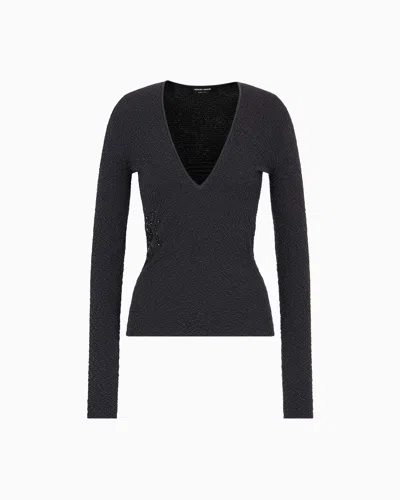 Giorgio Armani V-neck Jumper In Embossed Metallic Viscose With Embroidery In Black