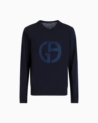 Giorgio Armani V-neck Jumper In Virgin Wool And Cashmere In Blue