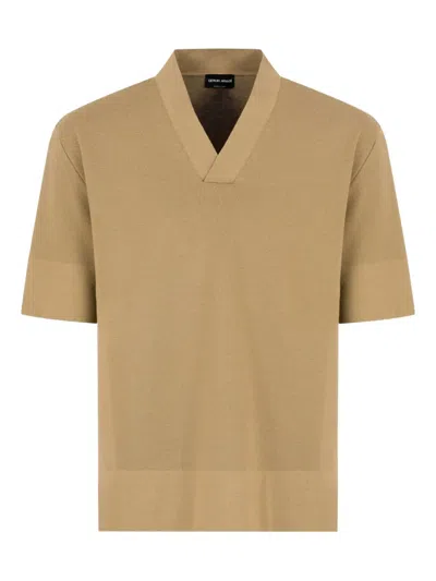 Giorgio Armani V-neck Knitted T-shirt In Brown