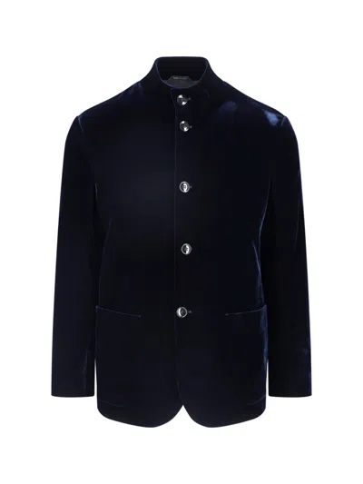 Giorgio Armani Blue Stand Collar Button-up Viscose Velvet Jacket In Multi