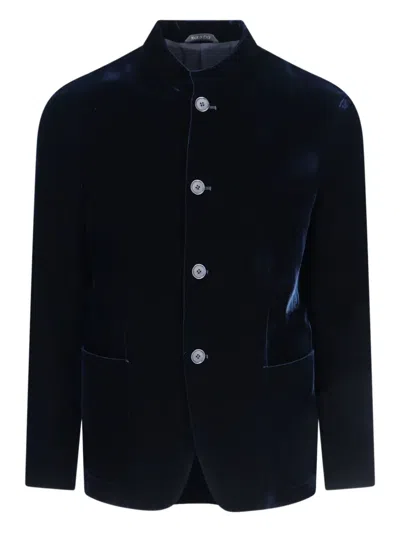 Giorgio Armani Velvet Mandarin-collar Blazer In Blue