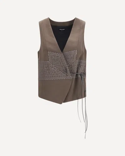 Giorgio Armani Vest In Washed Silk And Virgin Wool With Jacquard Pattern And Ties In Brown
